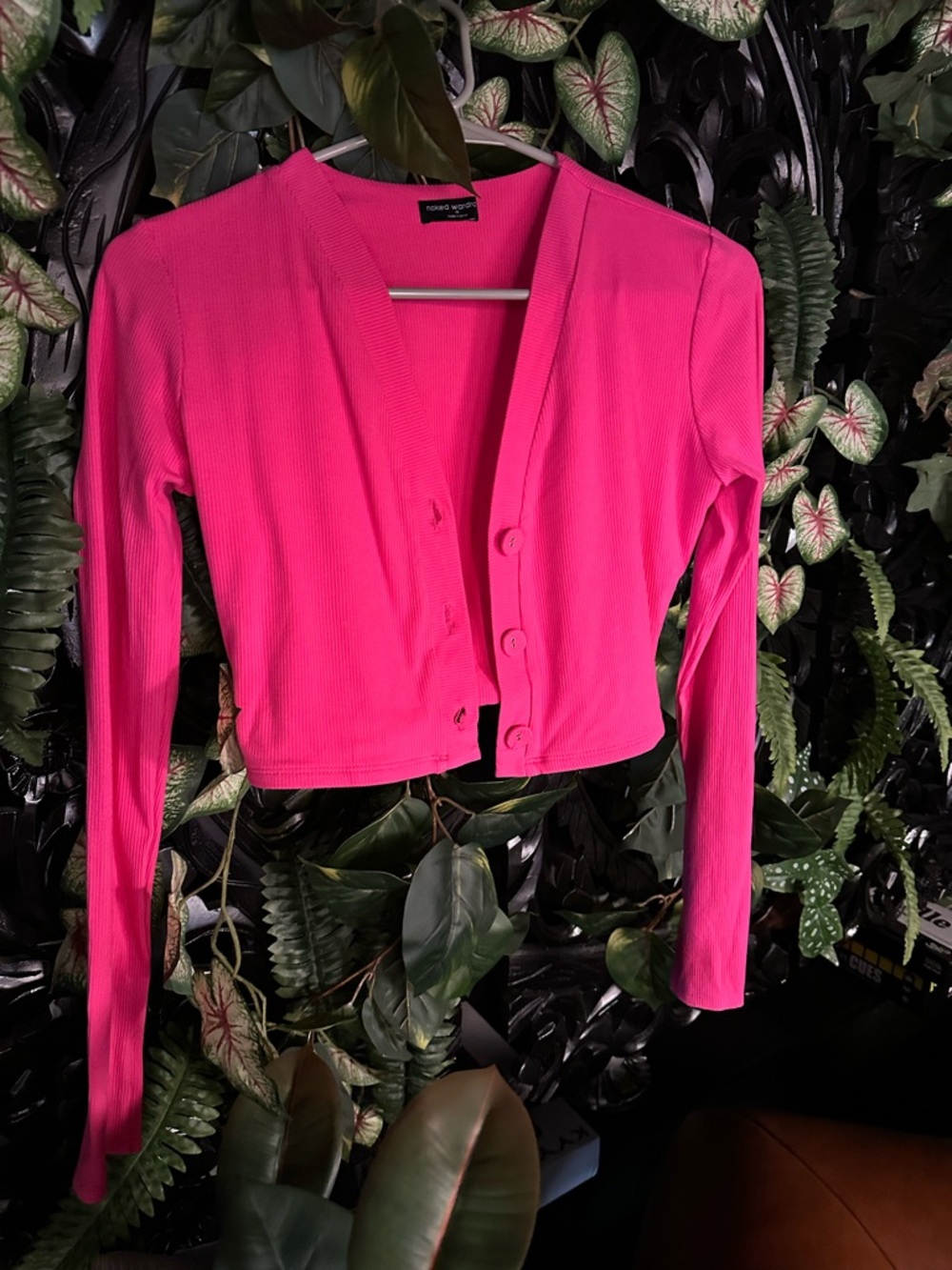 Naked Wardrobe Hot Pink Ribbed Button Crop Cardigan-New Without Tags